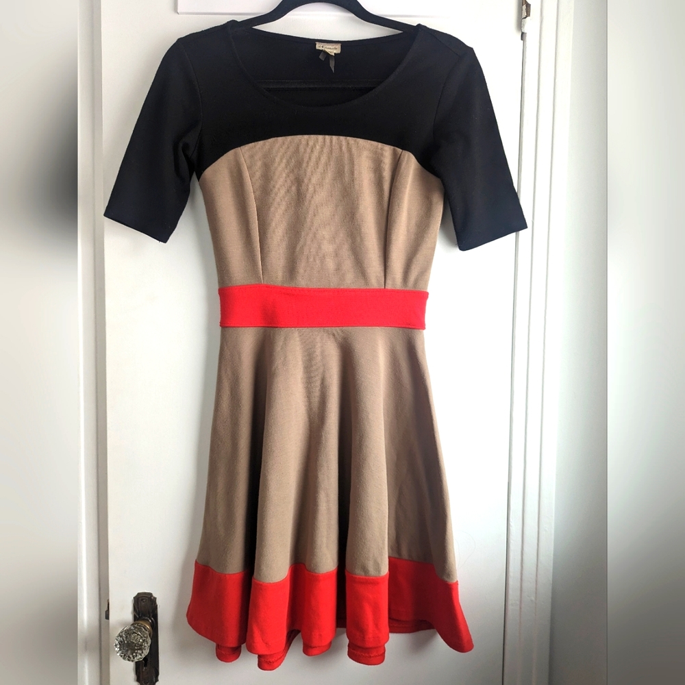 Color block tan, tangerine red and black dress